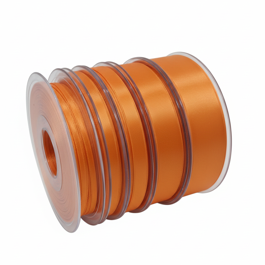 Helles Orange Satinband-Rolle auf weißem Hintergrund