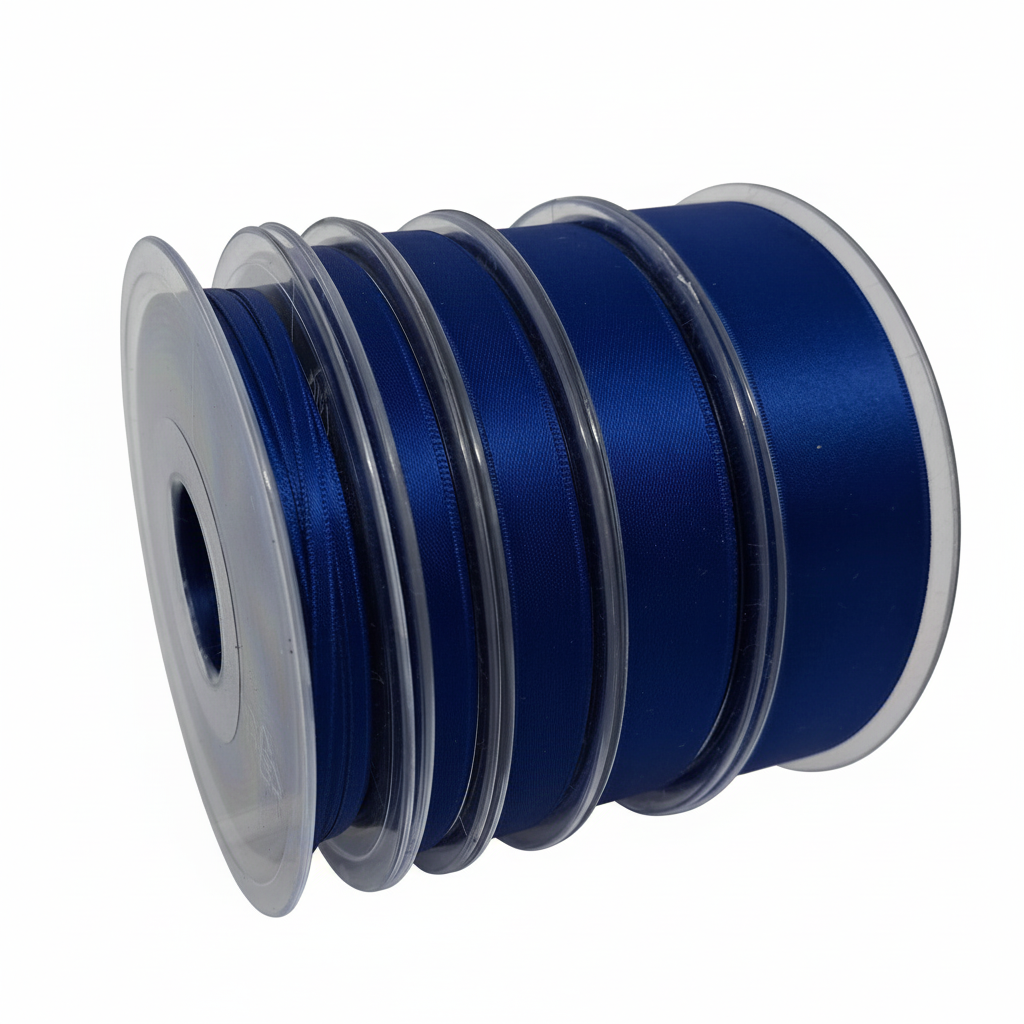 Marineblaue Satinband-Rolle auf weißem Hintergrund
