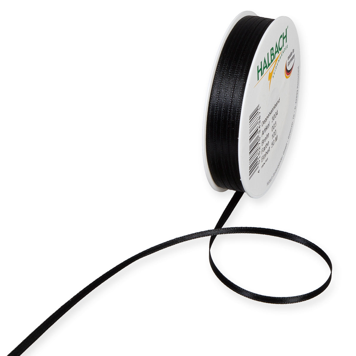 Schmales Doppelsatinband Fb. 100 Schwarz – 3mm & 6mm, 25-Meter-Rolle