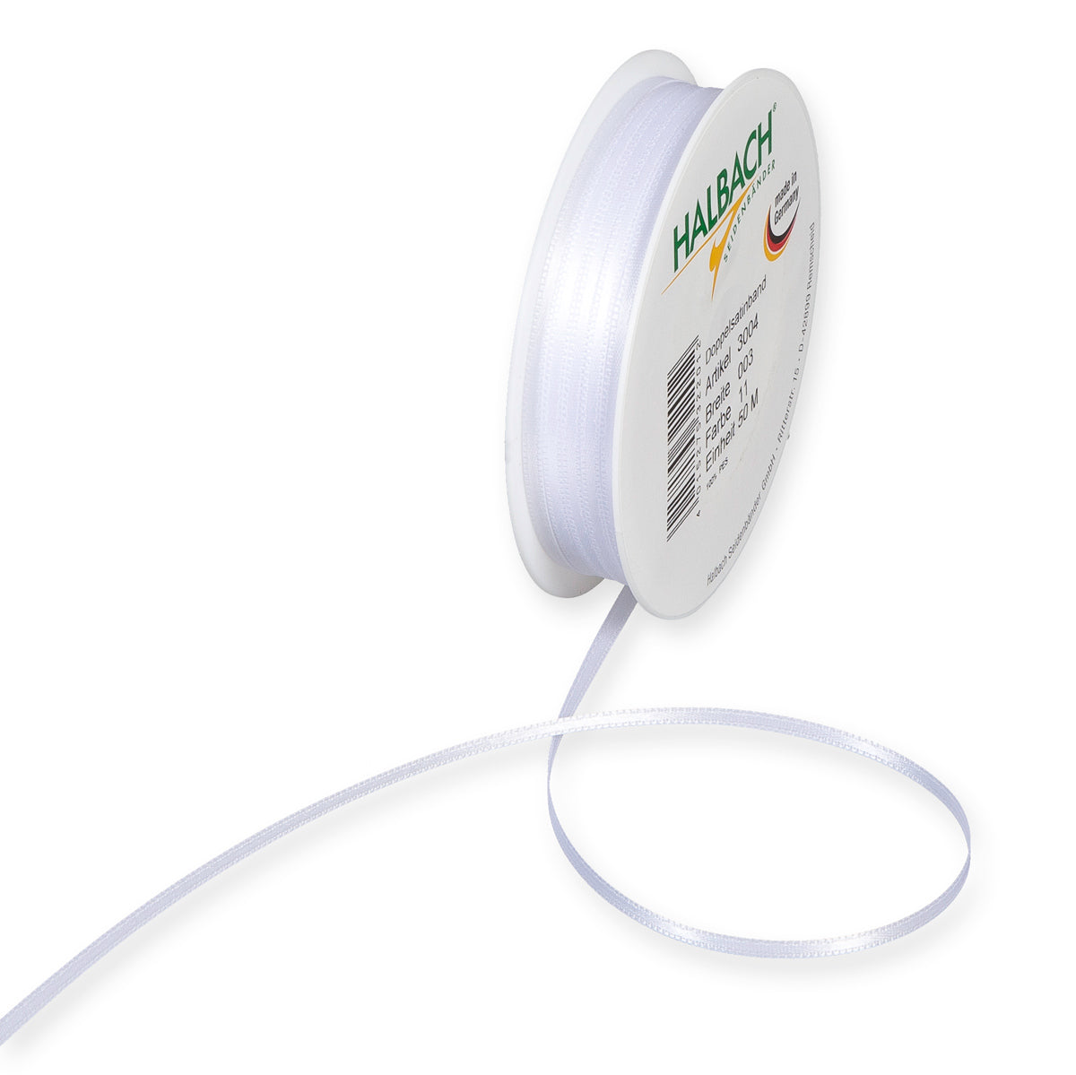 Schmales Doppelsatinband Fb. 11 Weiß – 3mm & 6mm, 25-Meter-Rolle