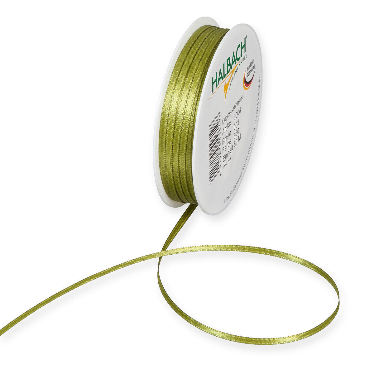 Schmales Doppelsatinband Fb. 560 Olivgrün – 3mm & 6mm, 25-Meter-Rolle