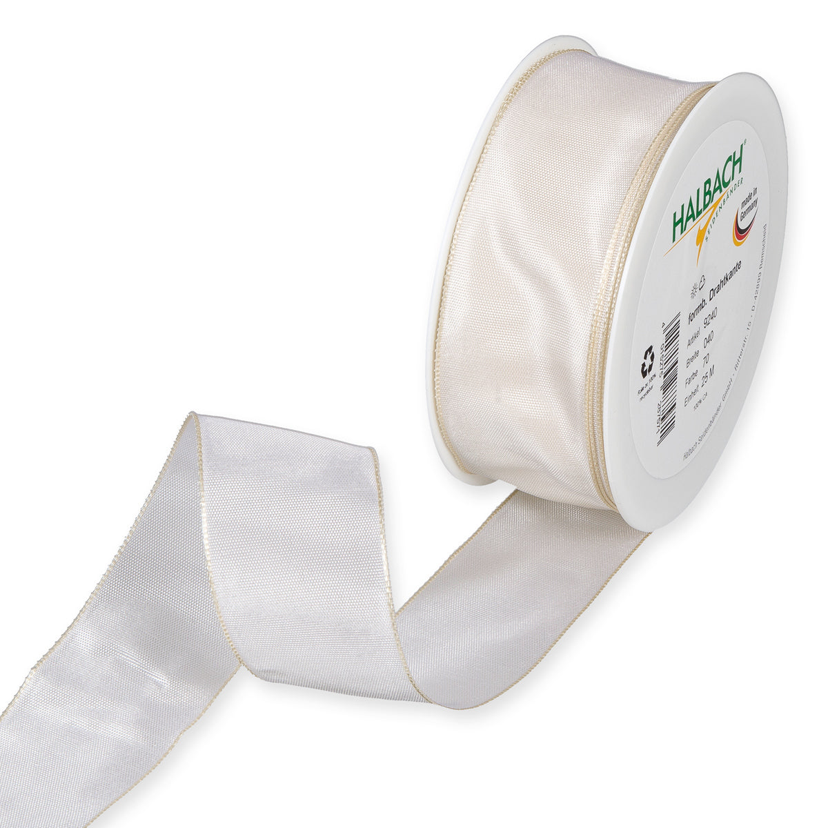 Taftband mit Drahtkante creme Fb. 70 in zwei Breiten 25 Meter Rolle