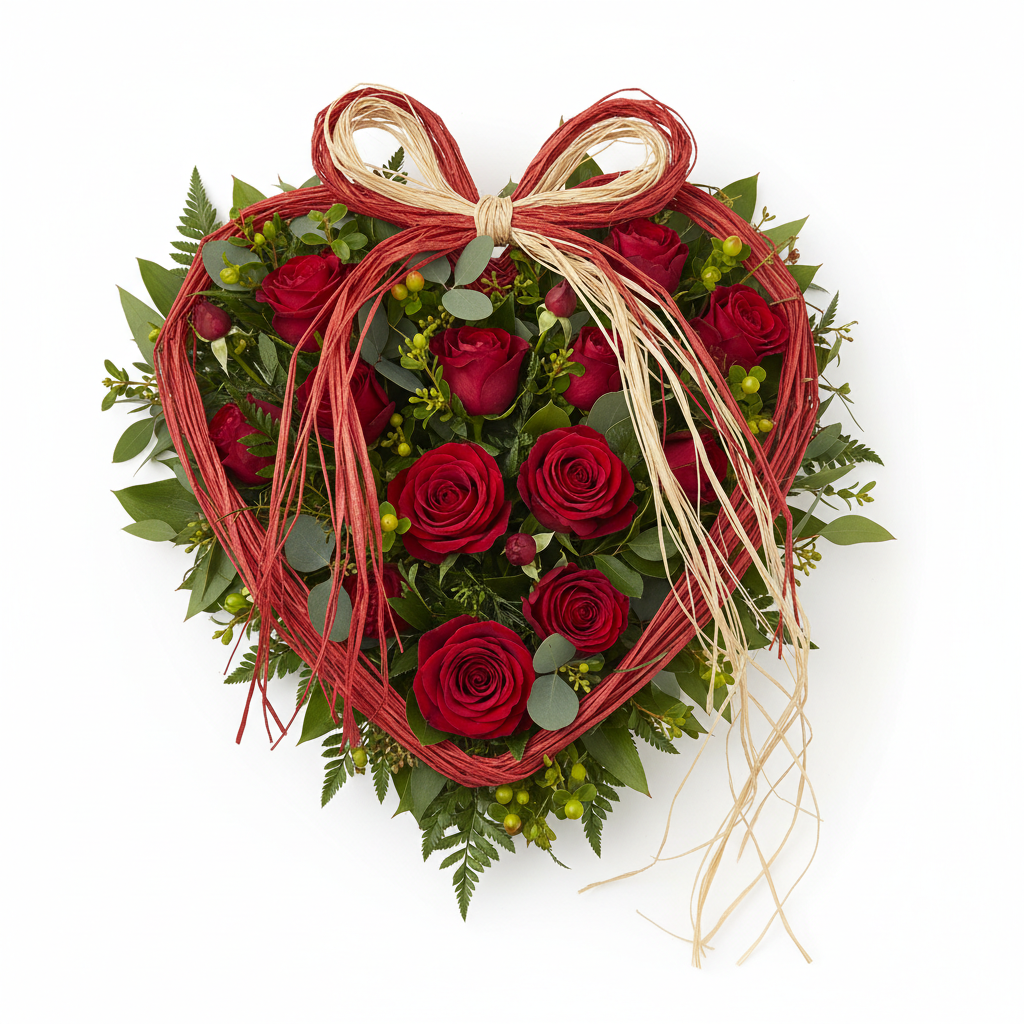 Blumenherz mit rotem Raffiabast