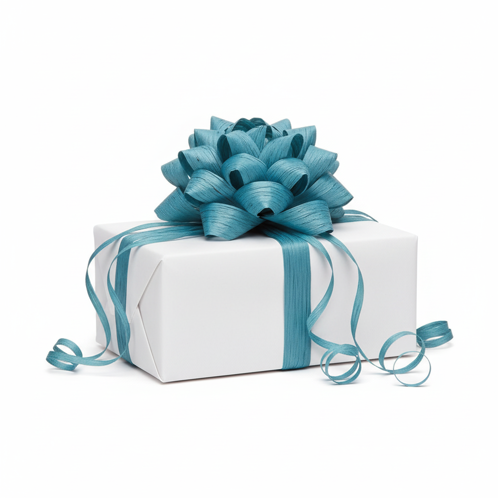 Geschenk mit türkisem Raffiaband