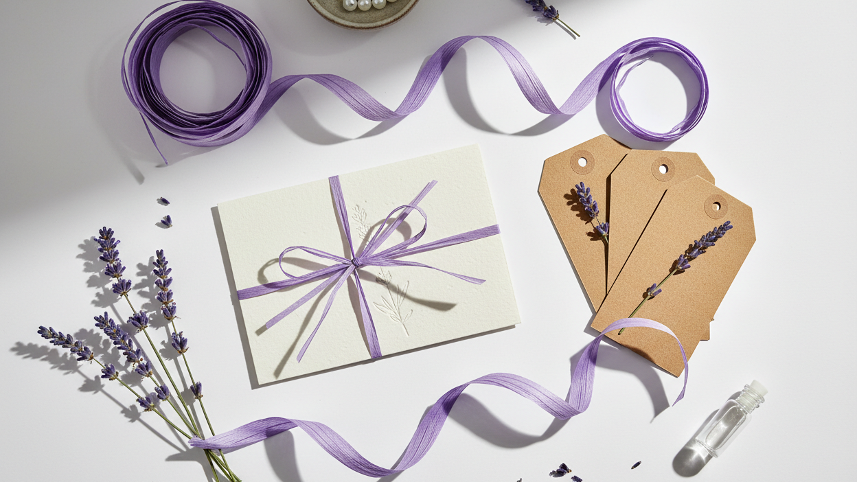 Lavendel Raffia Papierband um Karten und Kraft-Anhänger gebunden