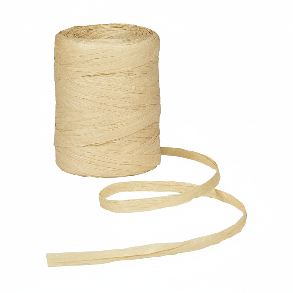 Raffia Papierband Creme – Rolle stehend mit abgerolltem Band in warmem Stroh-Cremeton