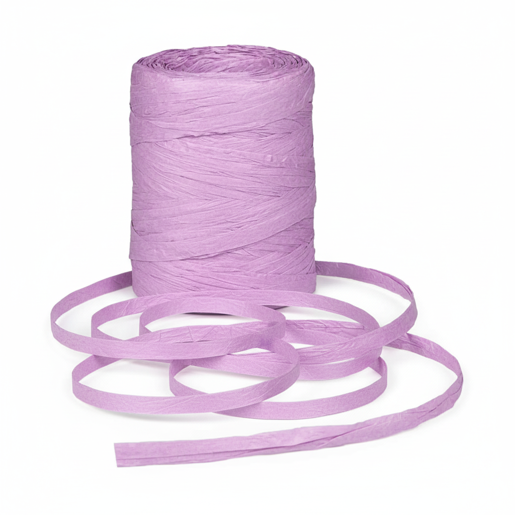 Raffia Papierband Lila – Rolle stehend mit viel abgerolltem Band auf weißem Hintergrund