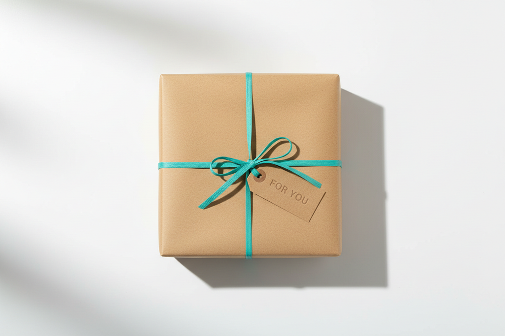 Geschenkbox mit türkisem Raffia Papierband und Schleife auf weißem Hintergrund