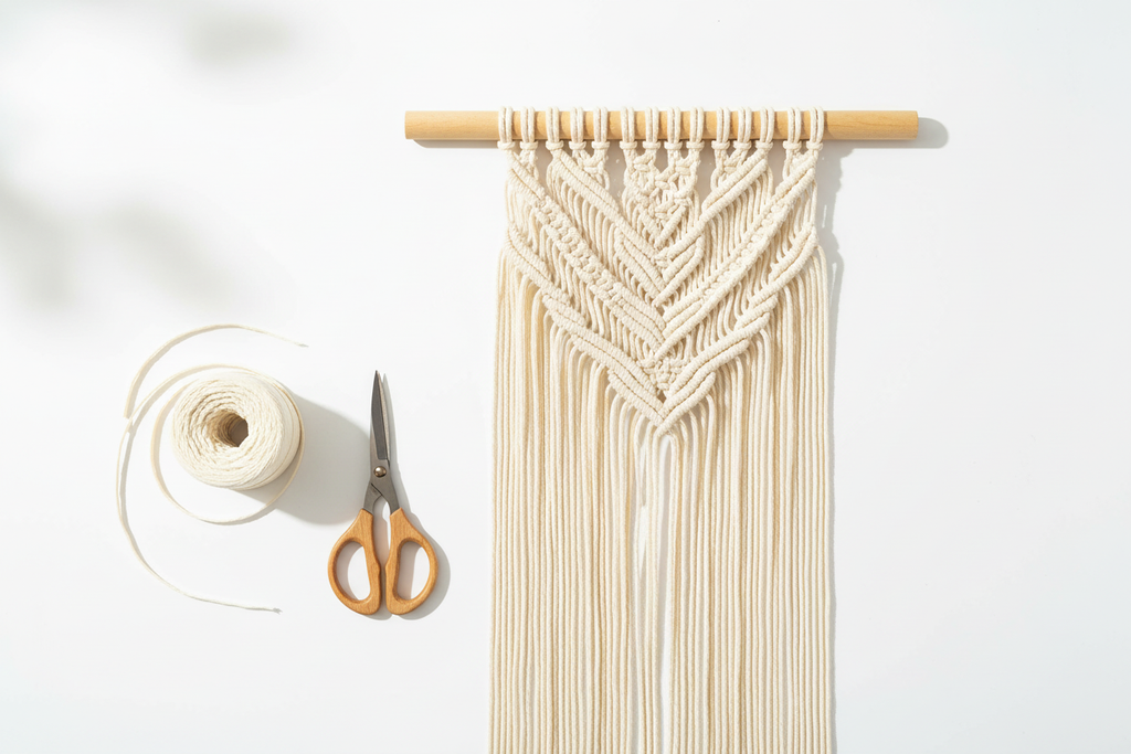 Makramée-Wandbehang in Arbeit mit hellcremen Raffia Papierband, Holzstab und Schere