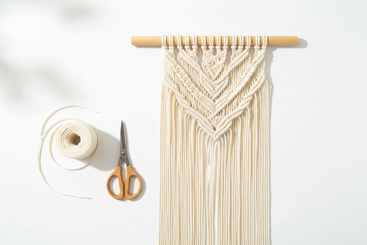 Makramée-Wandbehang in Arbeit mit hellcremen Raffia Papierband, Holzstab und Schere