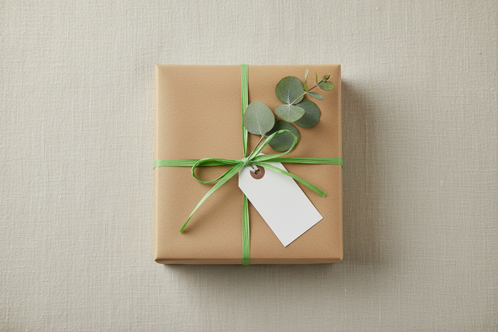 Raffia Papierband Apfelgrün – Kraftpapier-Geschenkbox mit apfelgrünem Band, Eukalyptus und Anhänger