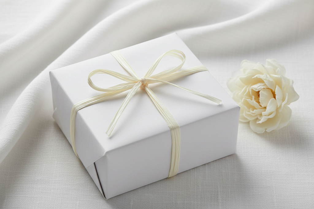 Weiße Geschenkbox mit hellcremer Raffia Papierband Doppelschleife auf Leinenstoff