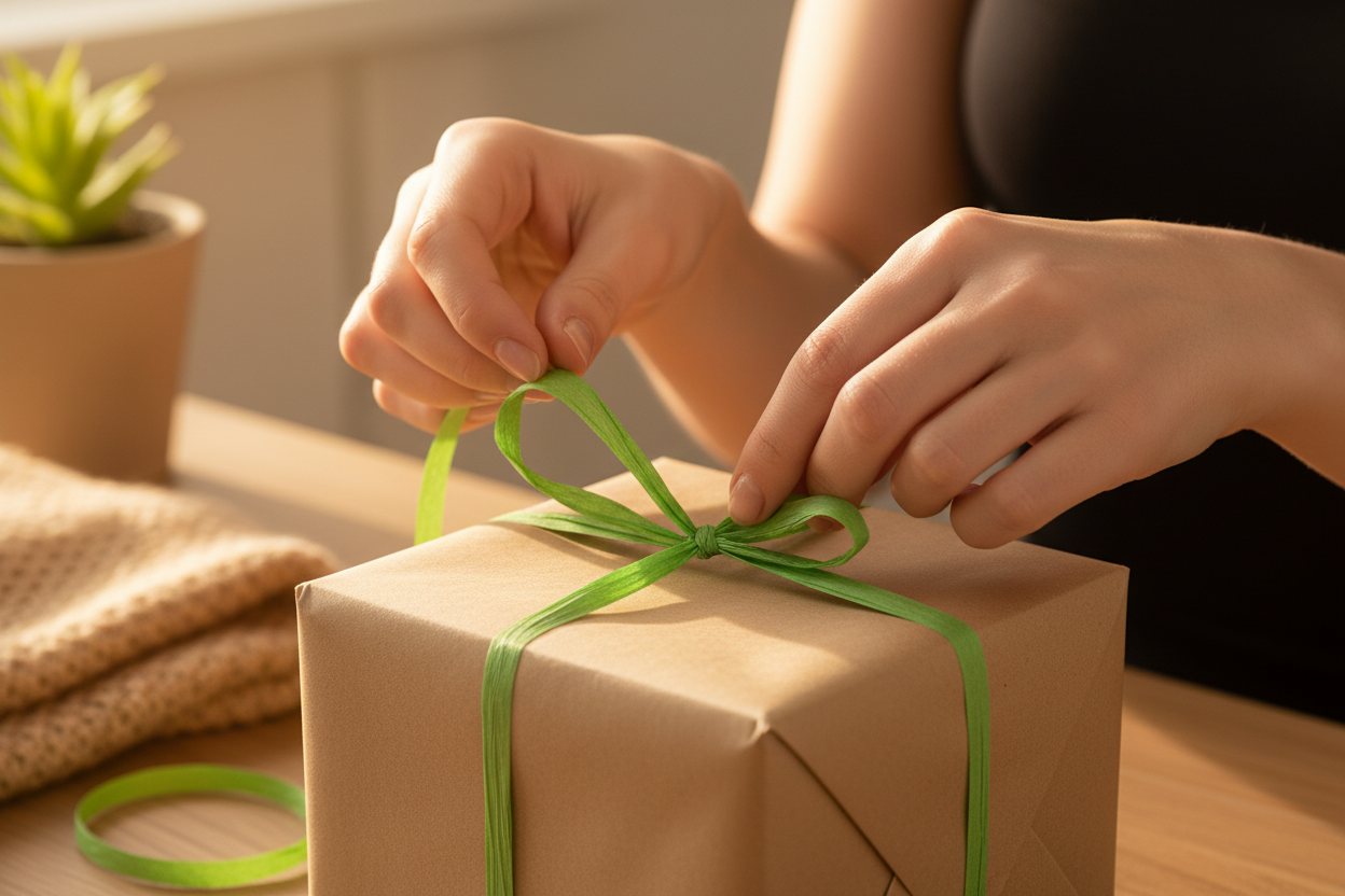 Raffia Papierband Apfelgrün – Hände binden Schleife um Geschenk, warmes Lifestyle-Foto