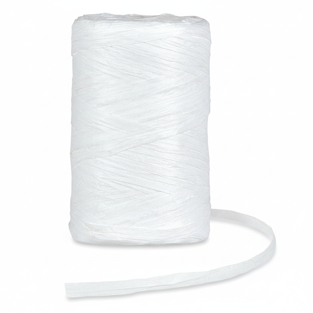Raffia Papierband Weiß – Rolle stehend mit abgerolltem Band auf weißem Hintergrund