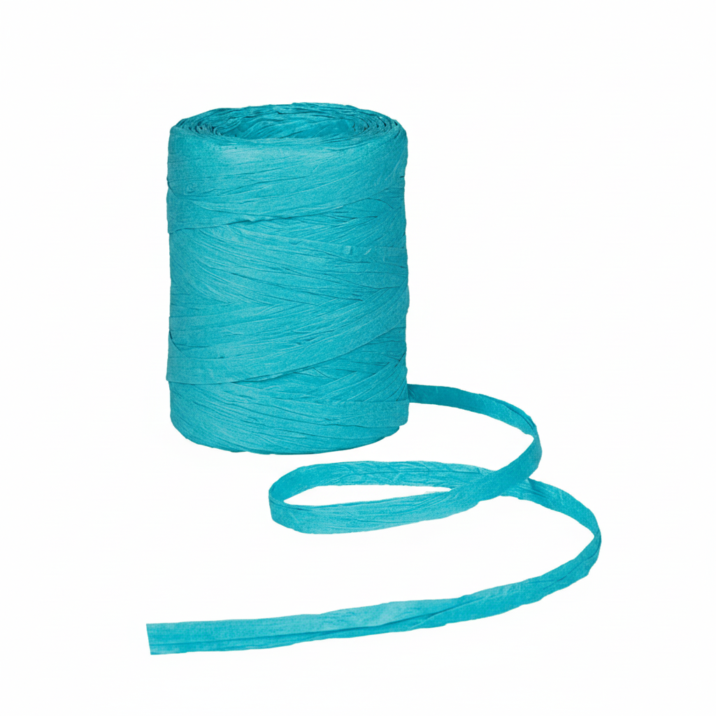 Raffia Papierband Türkis – Rolle stehend mit abgerolltem Band auf weißem Hintergrund