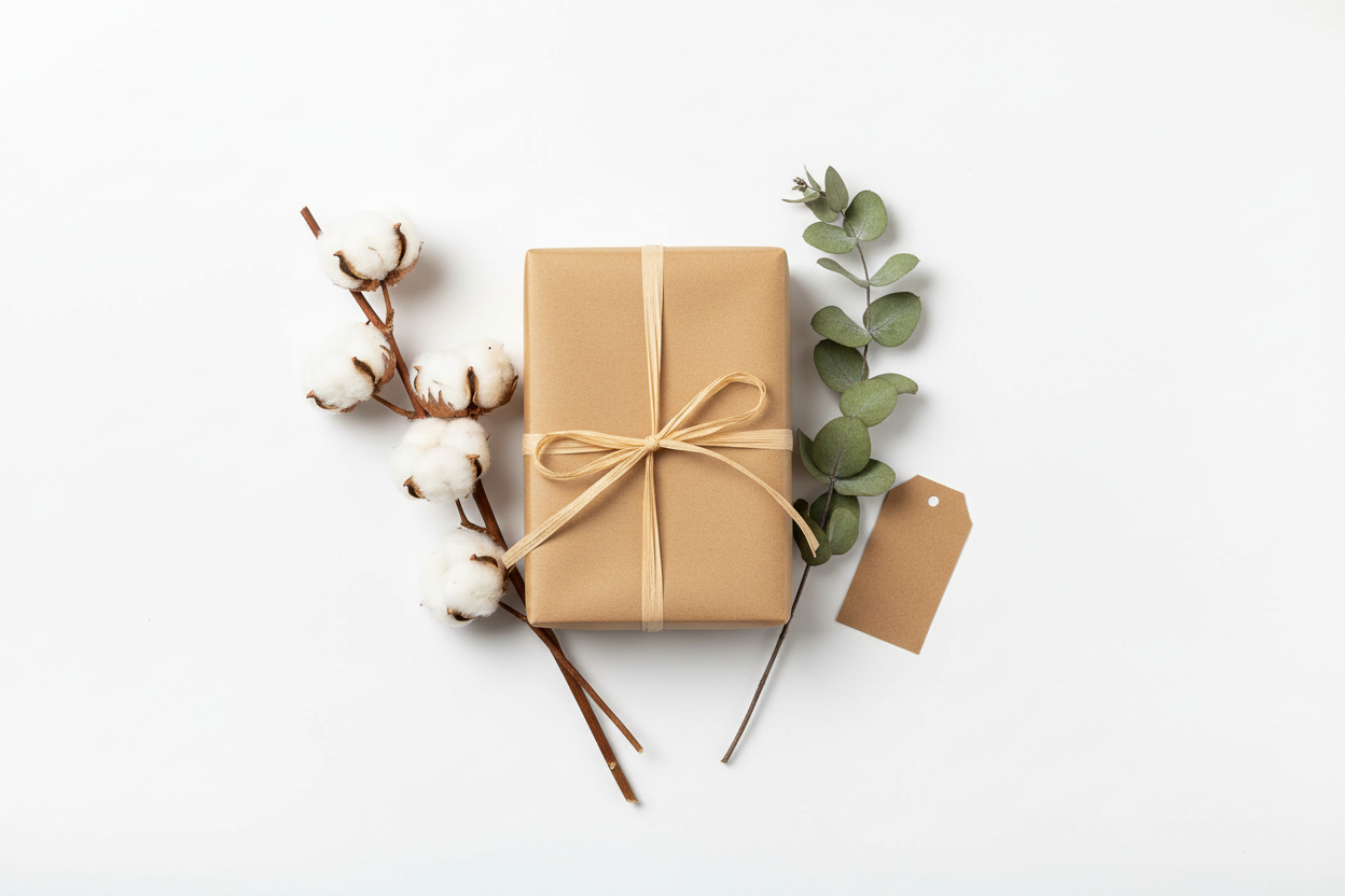 Kraftpapier-Geschenkbox mit naturem Raffia Papierband, Kraft-Anhänger und Trockenblumen