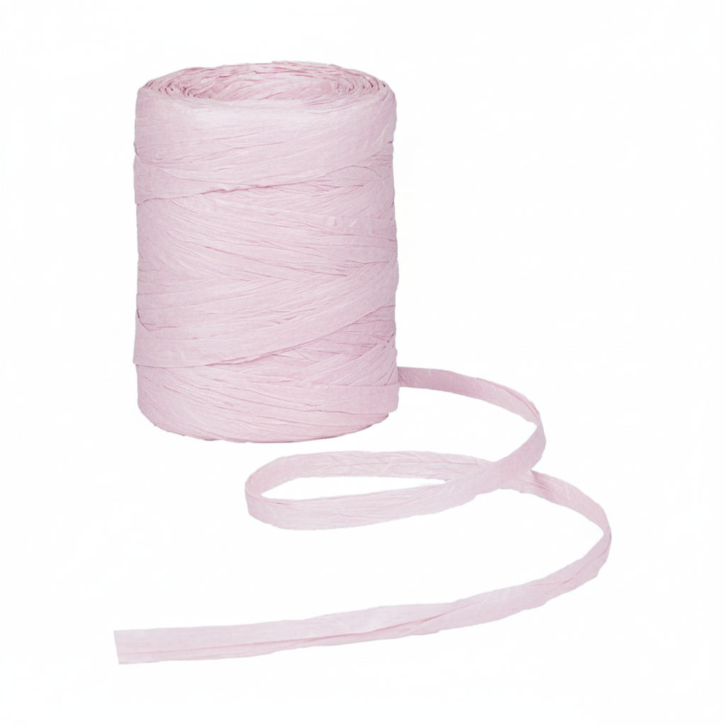 Raffia Papierband Rosa – Rolle stehend mit abgerolltem Band auf weißem Hintergrund