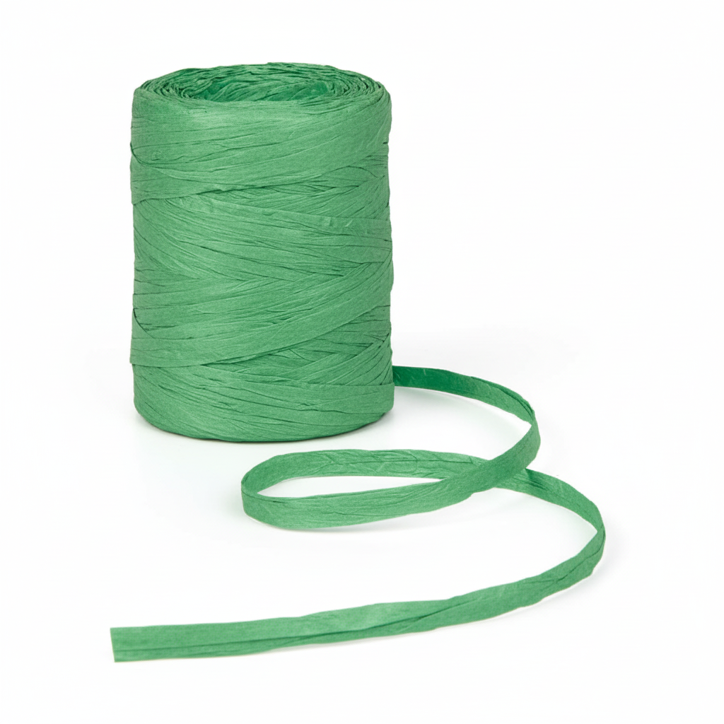 Raffia Papierband Waldgrün – Rolle stehend mit abgerolltem Band auf weißem Hintergrund