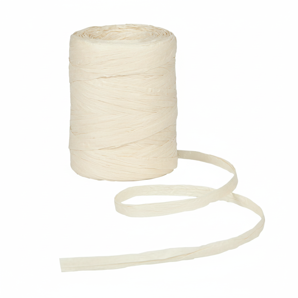Raffia Papierband Hellcreme – Rolle stehend mit längerem abgerolltem Band auf weißem Hintergrund