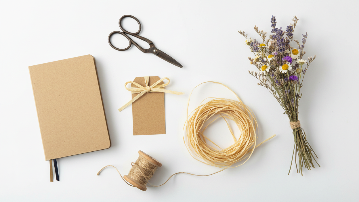 DIY-Szene mit cremefarbenem Raffia Papierband, Schere, Kraft-Notizbuch, Anhänger und Trockenblumen