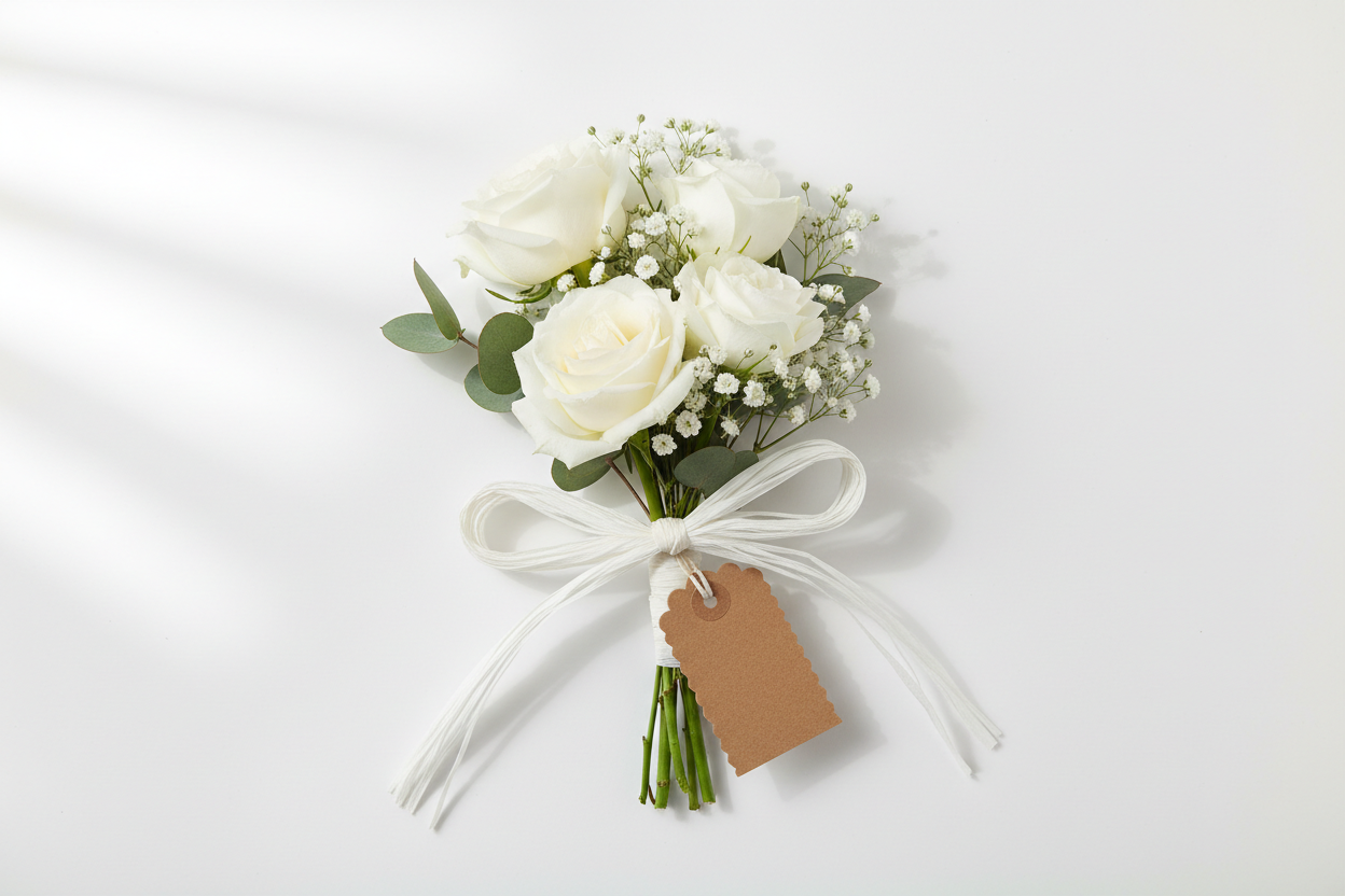Weißes Raffia Papierband mit Schleife um einen Strauß weißer Blumen