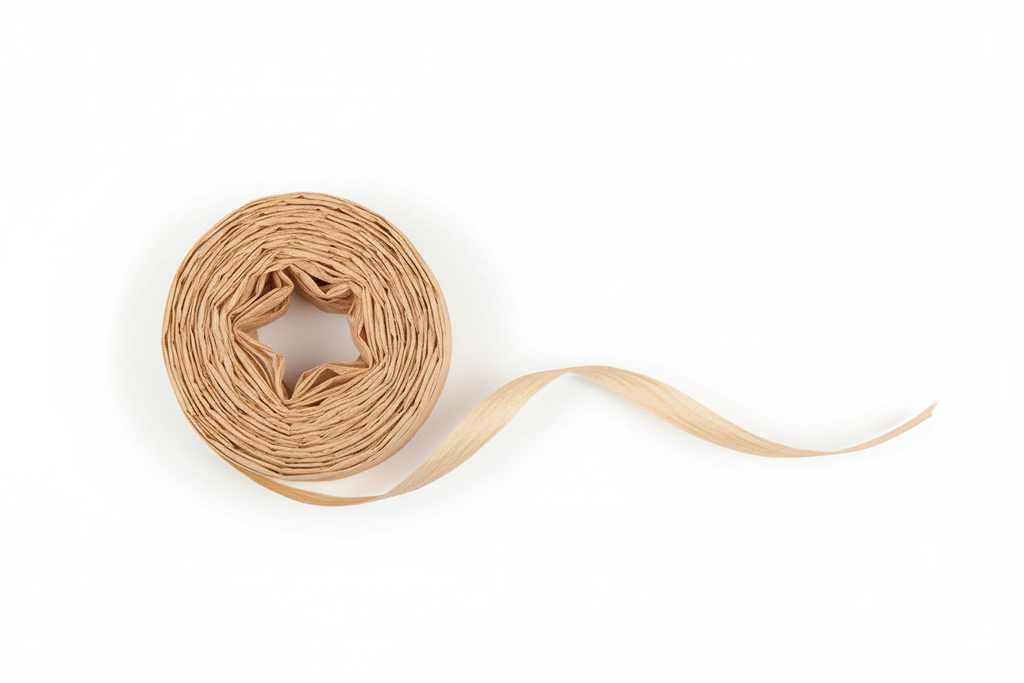 Locker aufgerolltes Raffia Papierband Natur mit abgerolltem Stück auf weißem Hintergrund