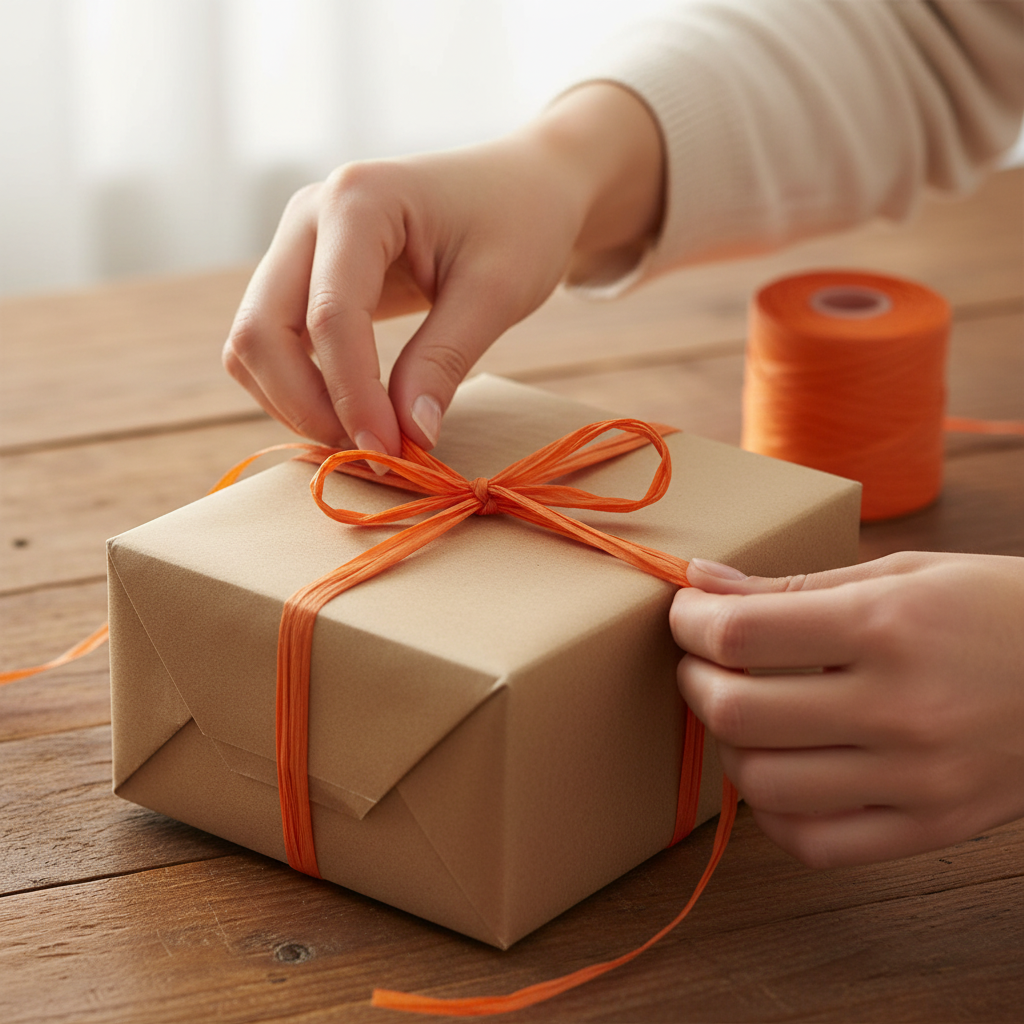 Raffia Papierband Orange wird verarbeitet