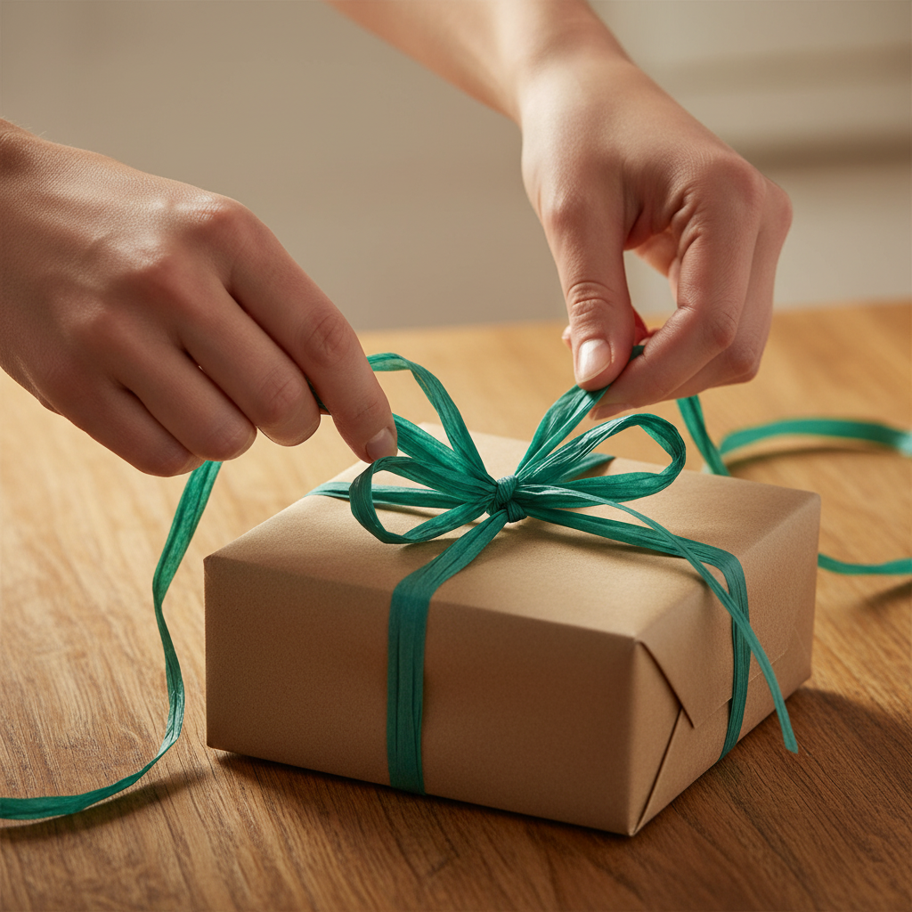 Raffia Papierband Smaragdgrün wird verarbeitet