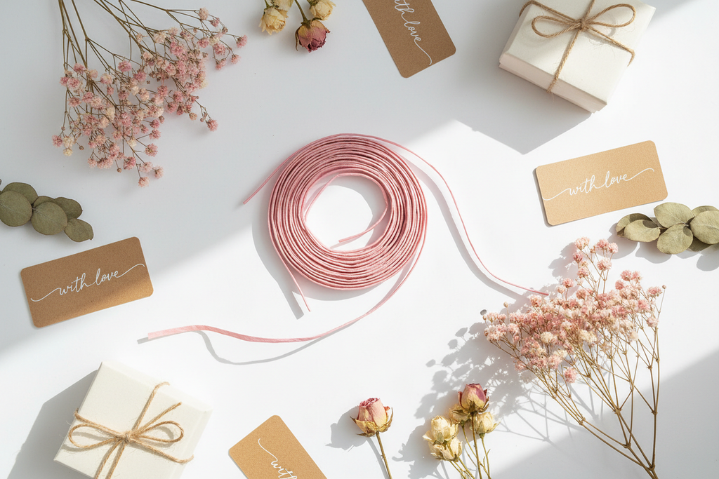 Locker aufgerolltes hellrosa Raffia Papierband ohne Pappkern mit Trockenblumen und Kraft-Anhängern
