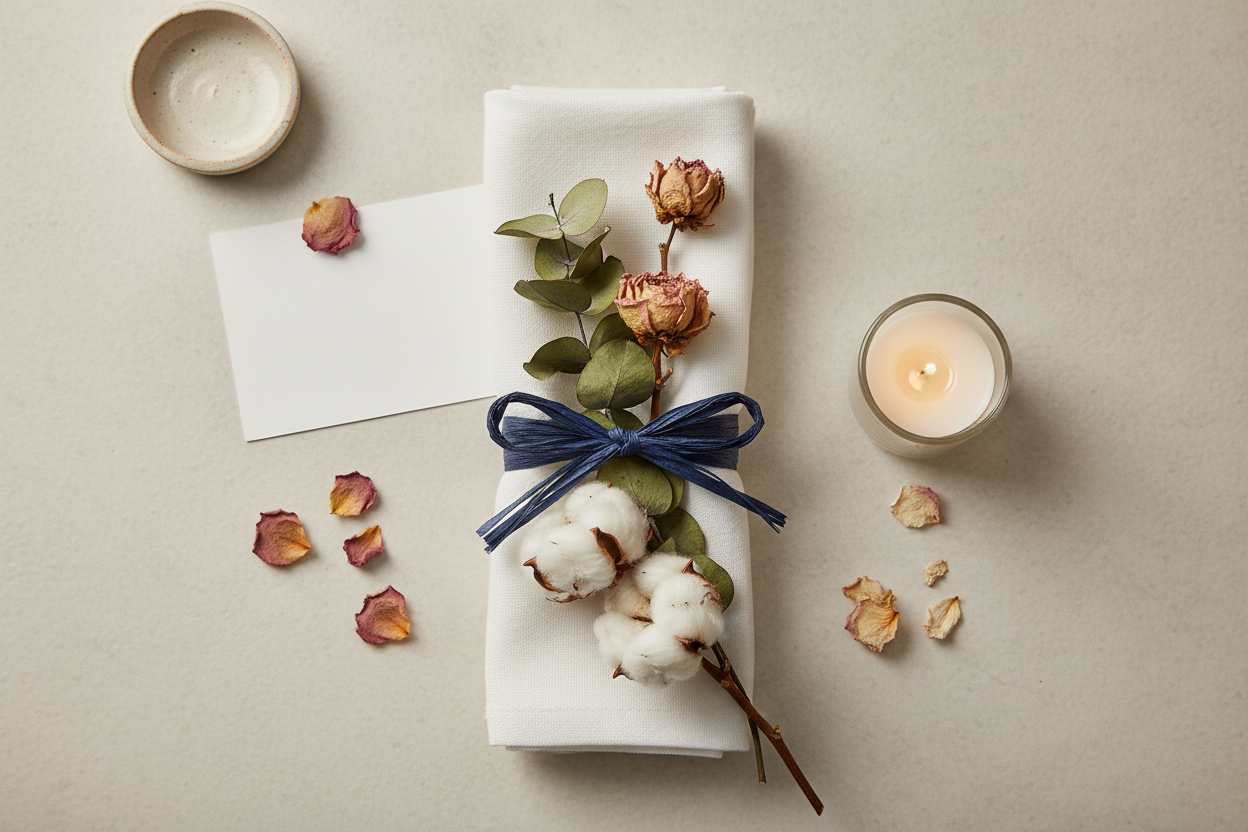 Dunkelblau-marines Raffia Papierband um Leinenserviette mit Windlicht, Trockenblumen und Platzkarte als elegante Tischdeko