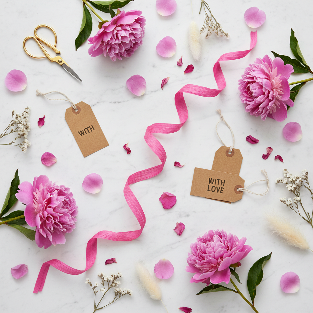 Raffia Papierband Pink Flatlay mit Blumen
