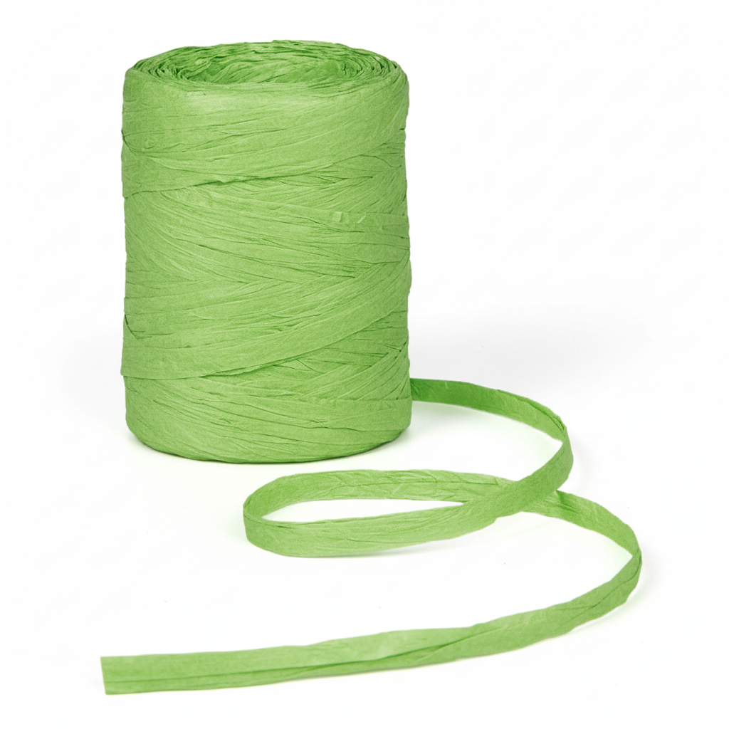 Raffia Papierband Apfelgrün – Rolle stehend mit abgerolltem Band auf weißem Hintergrund