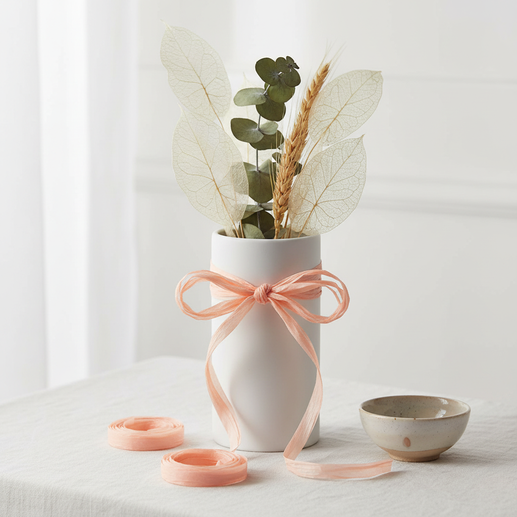 Raffia Papierband Peach um Keramik Vase mit viel Band