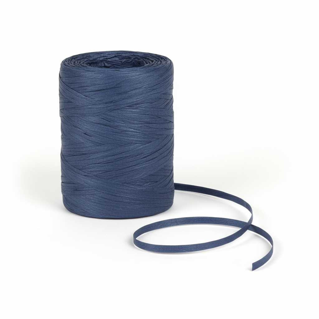 Raffia Papierband Dunkelblau – Rolle stehend mit abgerolltem Band auf weißem Hintergrund