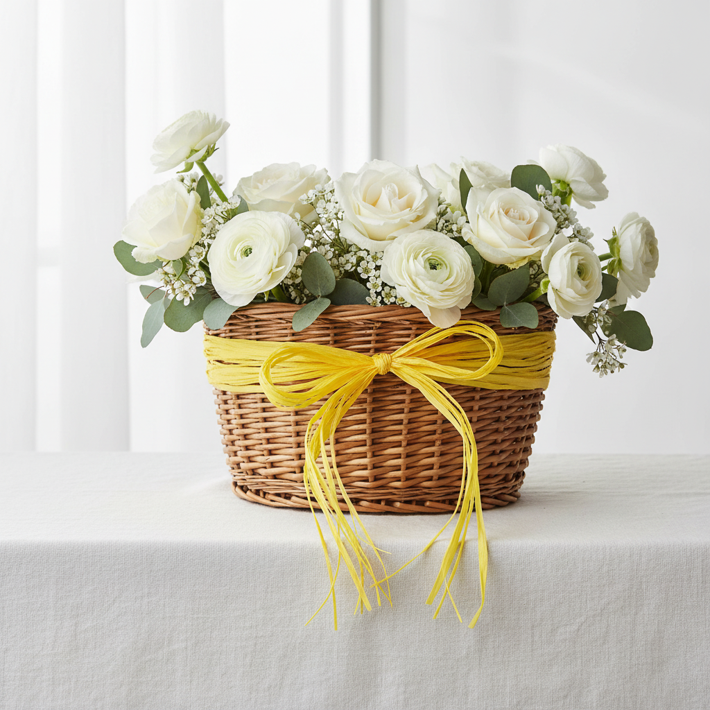 Raffia Papierband Gelb Weidenkorb mit Blumen