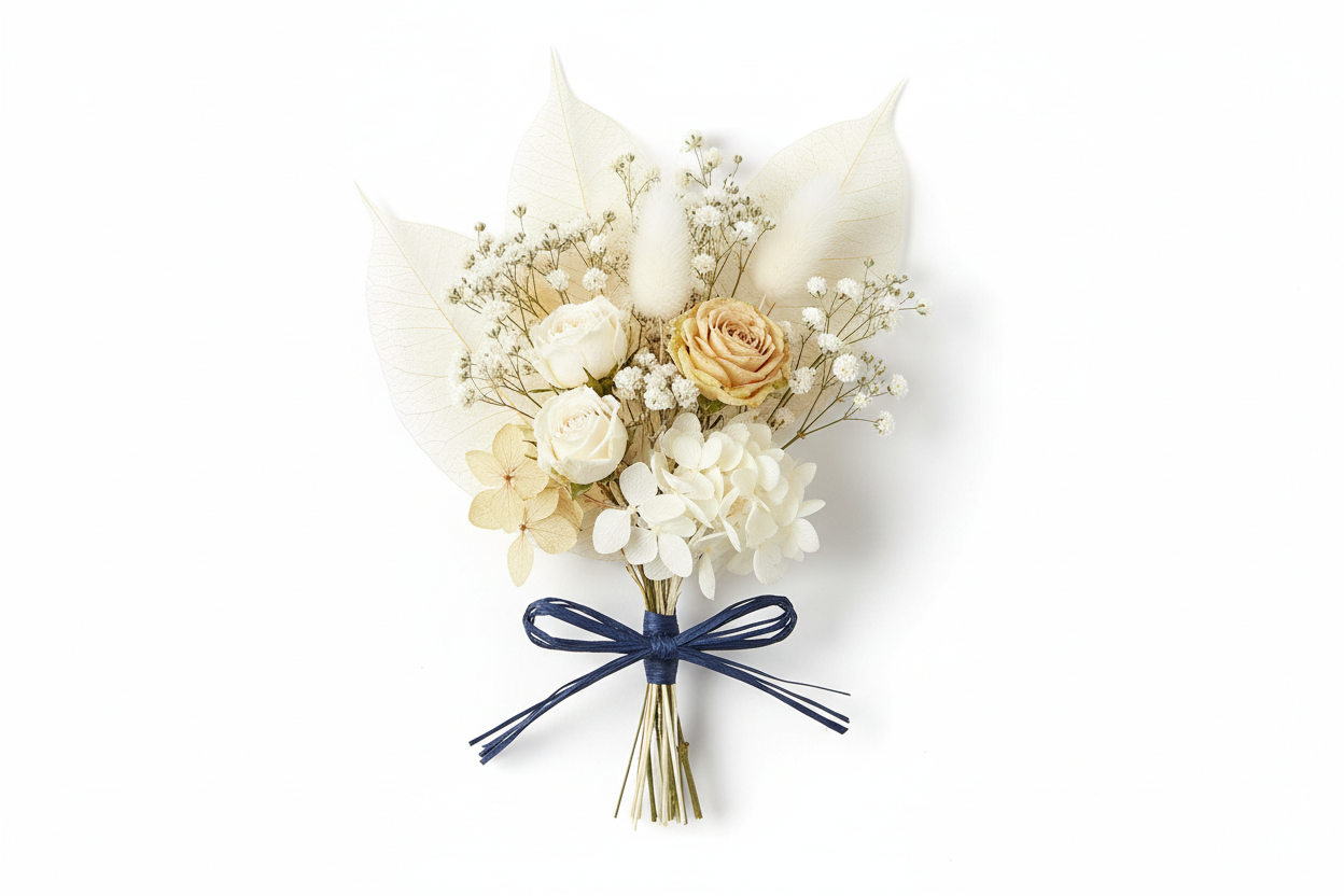 Trocken- und Frischblumen in Weiß und Creme mit dunkelblauem Raffia Papierband gebunden