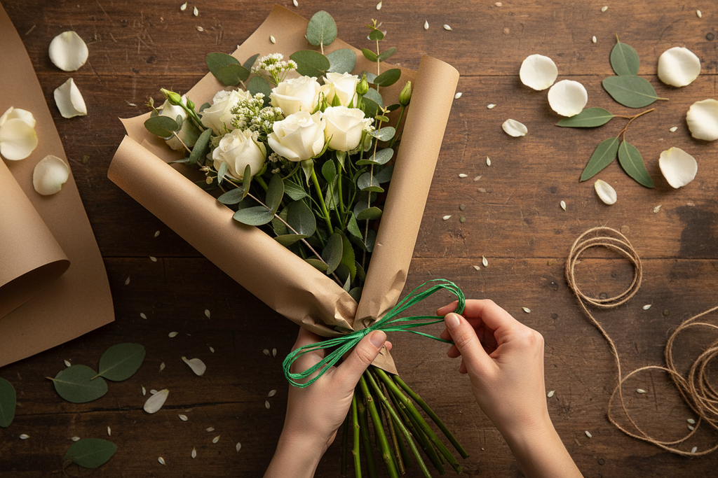 Raffia Papierband Waldgrün – Floristin bindet Blumenstrauß mit grünem Raffia-Band auf Holztisch