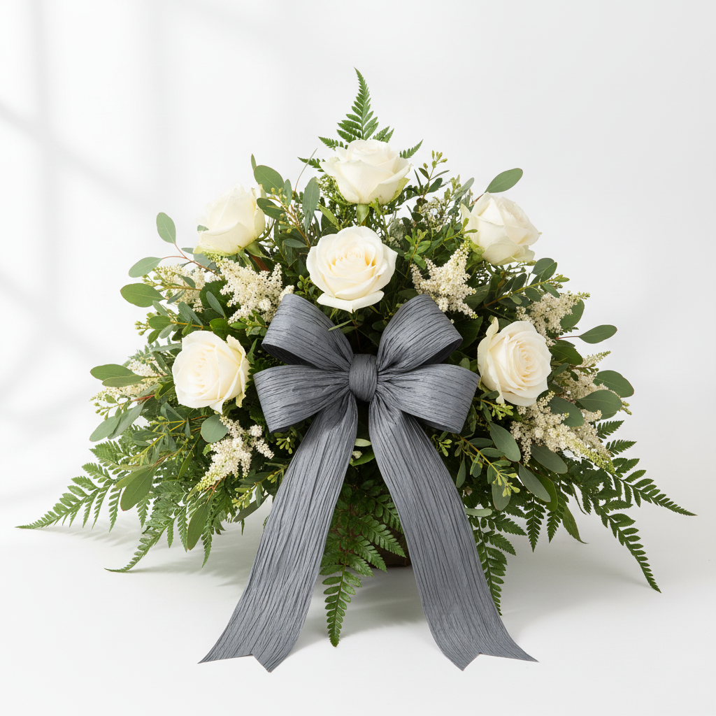 Trauergesteck mit Raffiabast